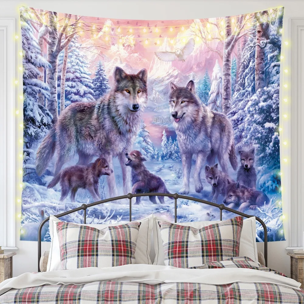 

Family Wolf Wall Hanging Tapestry Animals Aesthetic Room Decor Art Poster Bedroom Decoration Party Background