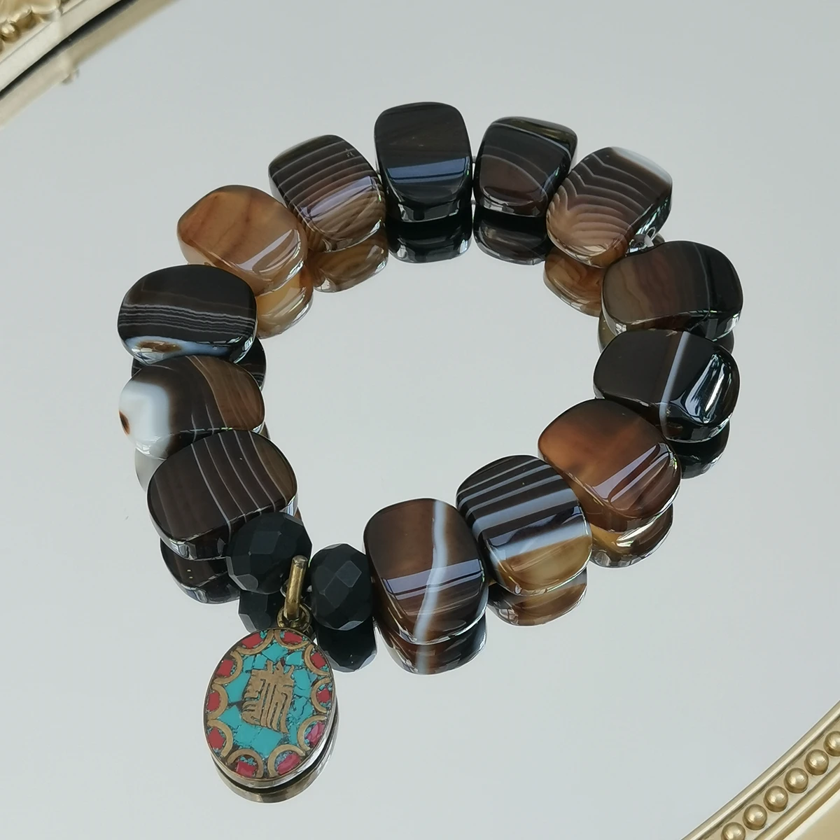 

Lii Ji Brown Bracelet Turquoise Coral Copper Charm Bracelet 21-22cm Mala Bracelet for Good luck