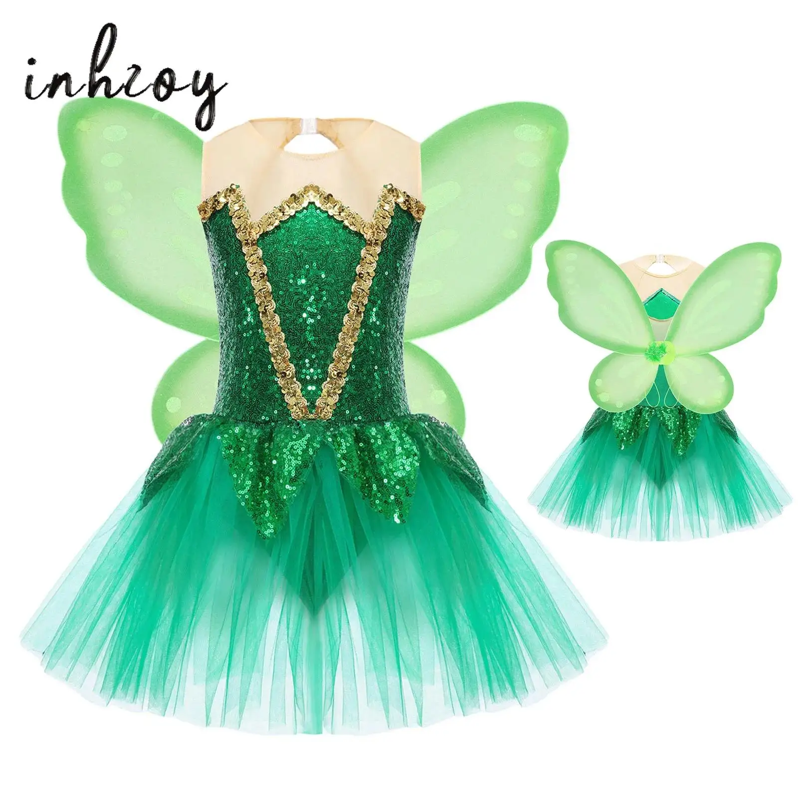 

Girls 2Pcs Halloween Fairy Tale Elf Costume Green Sequins Mesh Tutu Ballet Dance Dress with Wings Set Dance Performance Outfits