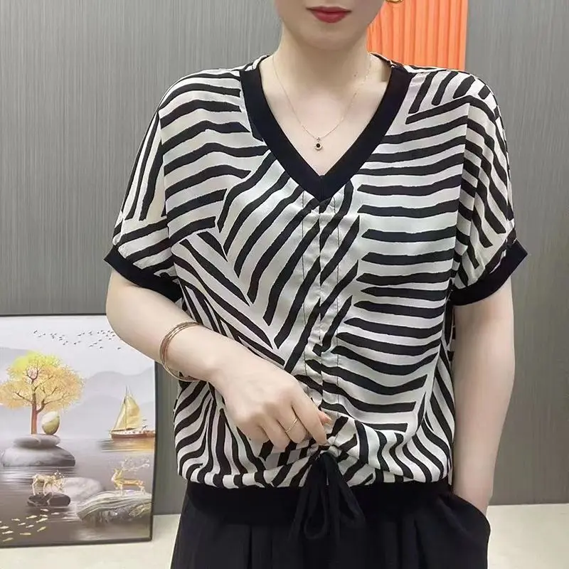 Korean Casual Striped Printed Shirt Women's Clothing Stylish Shirring Drawstring Loose Summer Short Sleeve Commute V-Neck Blouse