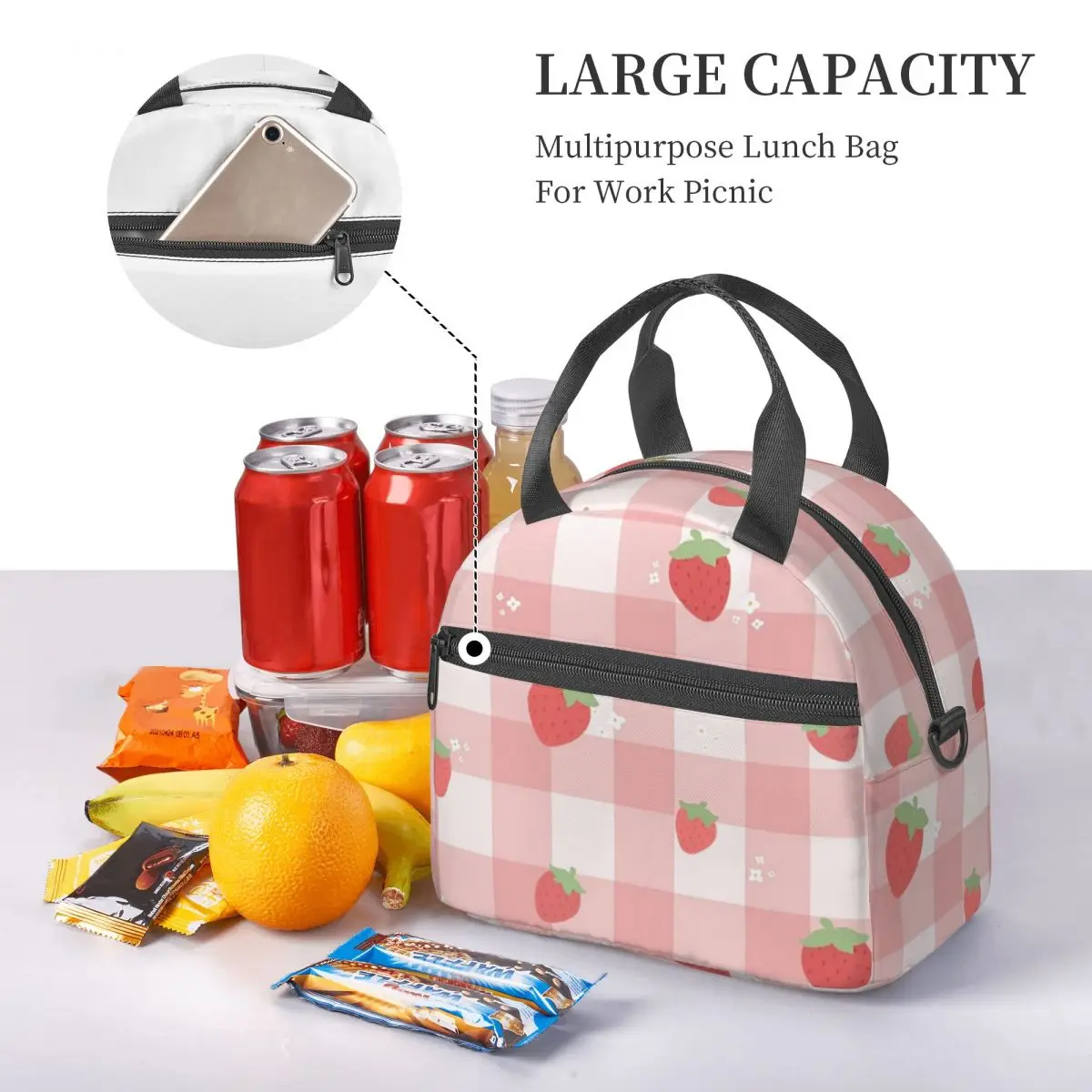 Strawberry Plaid Insulated Lunch Bag for Women Bento Storage Food Boxes Leakproof Cooler Thermal Lunch Box Tote