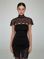 Black Lace Patchwork Strapless Dress Women Sexy Cape Shawl Waist Cinching Slim Mini Dresses Lady 2026 Evening Club Party Gowns