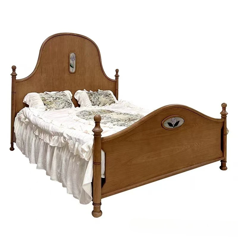 

Solid wood high-end simple French pillar high back retro painted double bed hotel bedroom model room princess wedding bed