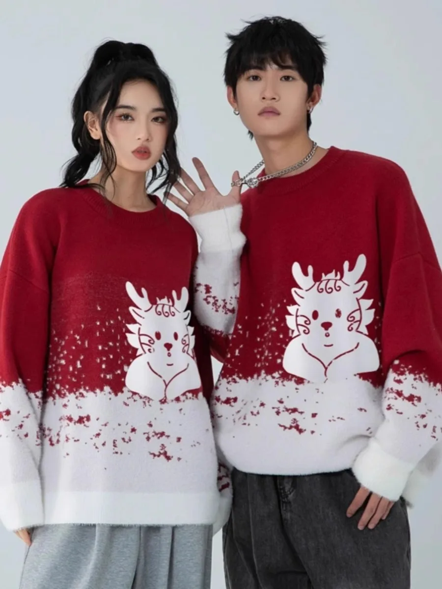 Autumn Winter Dragon Printed Red O-neck Sweater Couple Causal Loose High Street Knitted Sweaters Men Pullovers Male Clothes