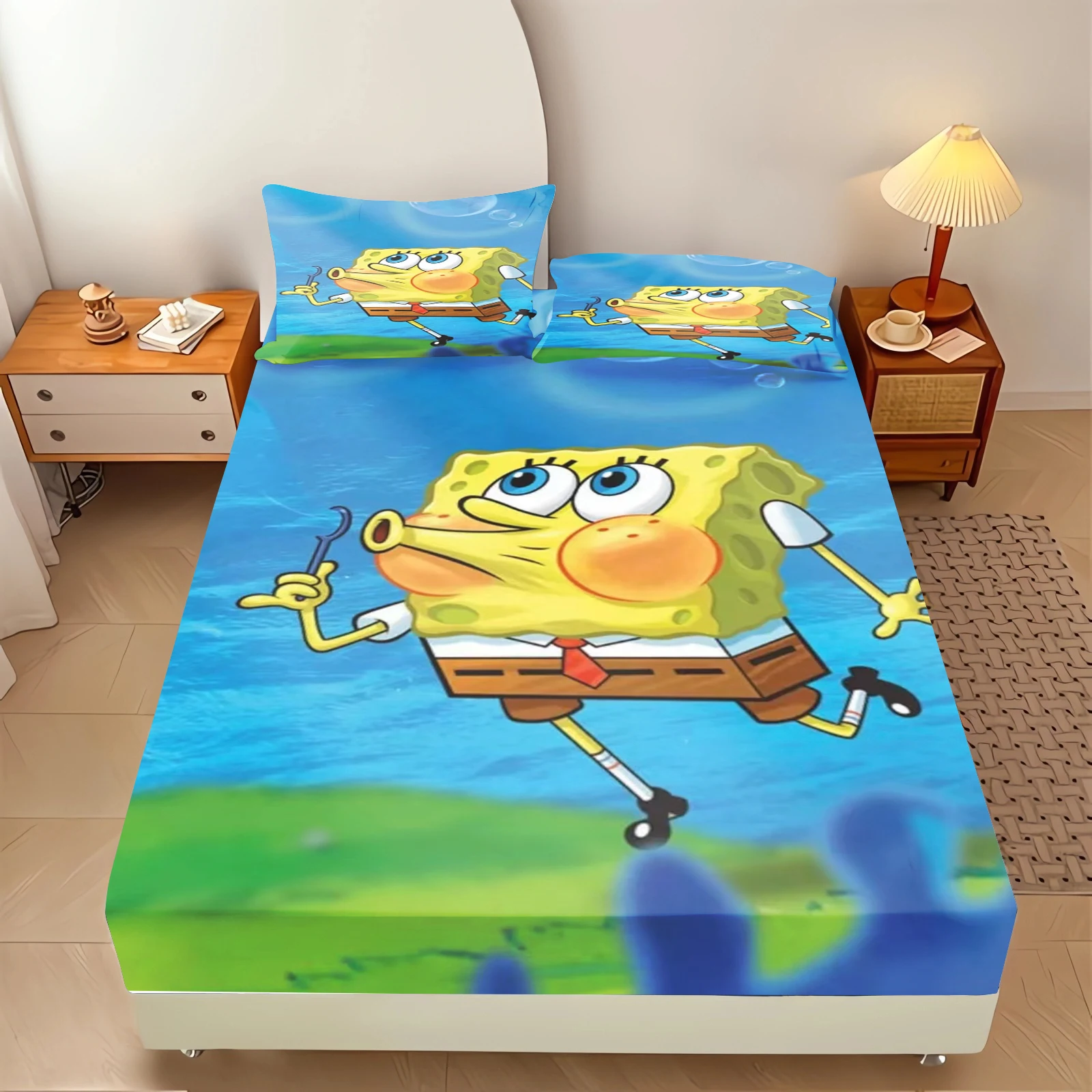 SpongeBob SquarePants Fitted Sheet Set Cartoon Patrick Print Bed Sheet Pillowcase Soft Microfiber Kids Bedroom Bedding view 4