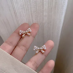 New Crystal Imitation Pearl Bowknot Stud Earrings for Women Korean Lovely Brincos Jewelry Wholesale Dropshipping Christmas Gift