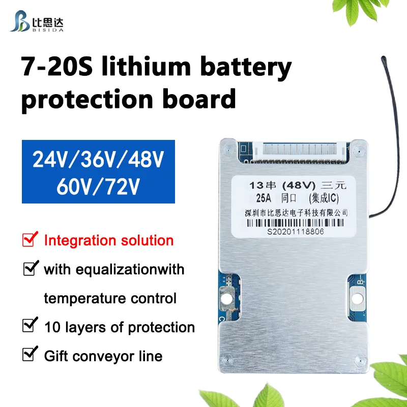 Bisida BMS 균형 온도 제어 18650, 3.7V 리튬 이온 배터리 팩용 공통 포트, 24V, 36V, 48V, 60V, 72V, 7S-20S