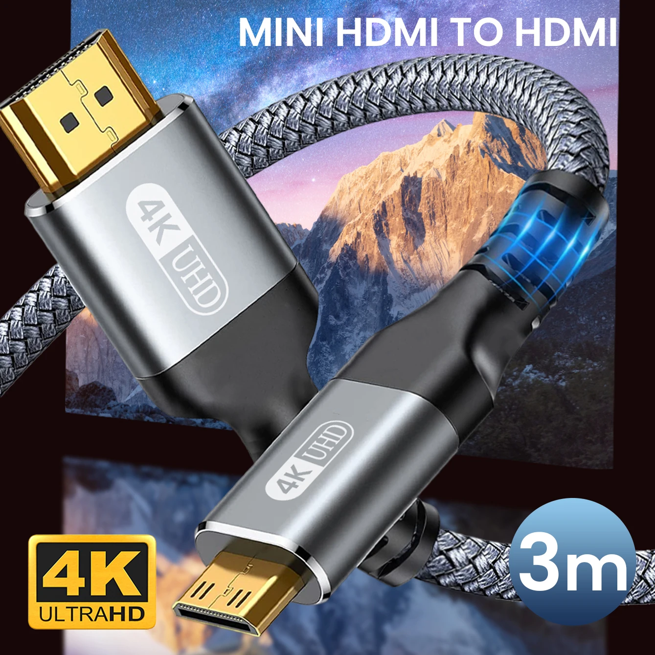 Mini HDMI to HDMI Cable 10FT 3m High Speed 4K 60Hz HDMI 2.0 Cord Aluminum Shell Braided  HDMI to Mini HDMI Cable Bi-Directional