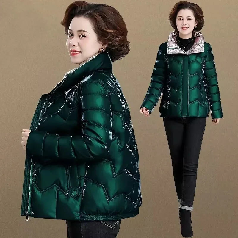 Jaqueta perolado brilhante para mulheres, parka de inverno, jaqueta de algodão para mães, jaqueta de algodão acolchoado, jaqueta grossa quente externa, verde, 5XL