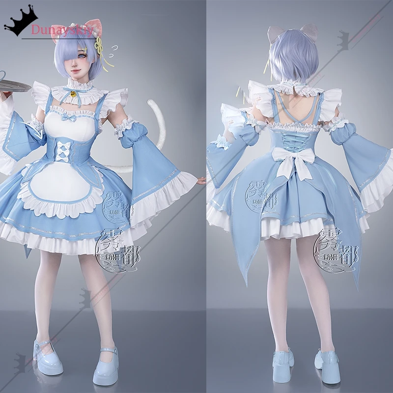

XS-2XL Re: Zero Starting Life in Another World Rem Cosplay Costume Bule French Maid Dress Halloween Disguise for Adult Women