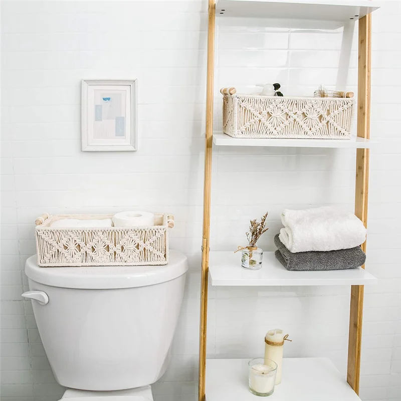 

B08B-Macrame Storage Baskets Boho Decor Box Handmade Woven Countertop Toilet Tank Shelf Cabinet Organizer, Set Of 2