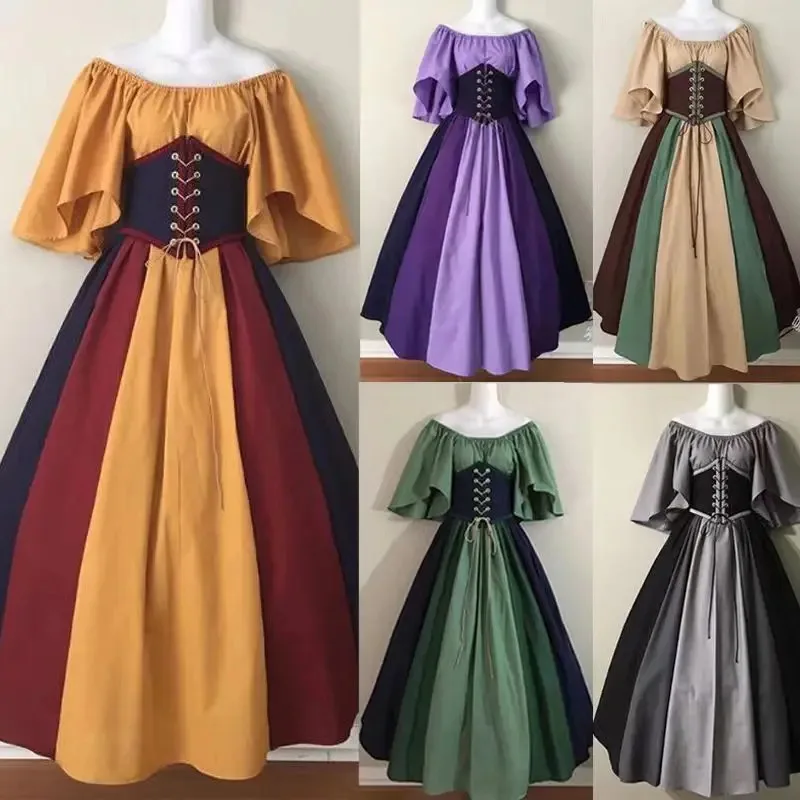 زي القرون الوسطى الأوروبي للنساء مشد الهالوين فستان عصر النهضة القوطي مقاس كبير بأكمام مضيئة ملابس تنكرية