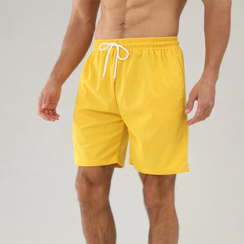 02Men's summer casual shorts featuring a solid color design with lace-up closure, sport running stripes, and straight-leg fit.