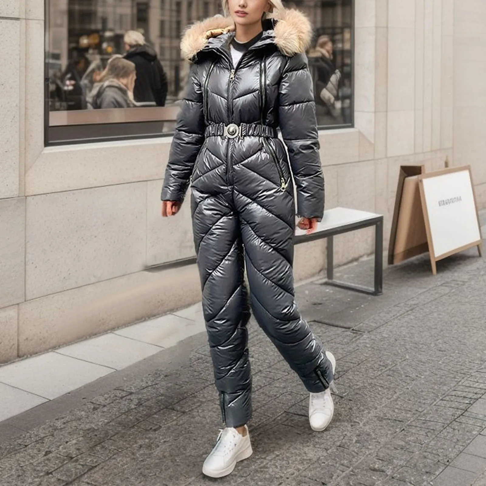 

One Piece Ski Suit Women Jackets Winter Hooded Parka Jumpsuit Women Cotton Bodysuit Sashes Jumpsuits Zipper Overalls Tracksuits