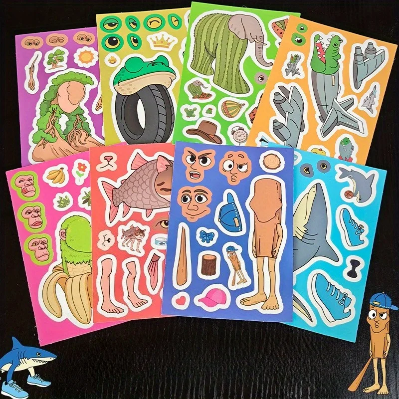 8 Sheets/Pack Tung TunTung Sahur Abstract Fun Creative Dress-Up Stickers Cartoon Fun Stickers DIY Collage Dress-Up Stickers