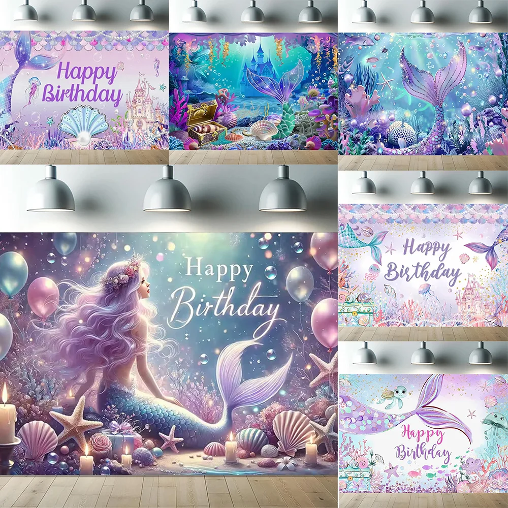 

Glitter Mermaid Backdrops Under the Sea Castle Girls Princess Children's Birthday Party Backgrounds Baby Shower Kids Decor Props