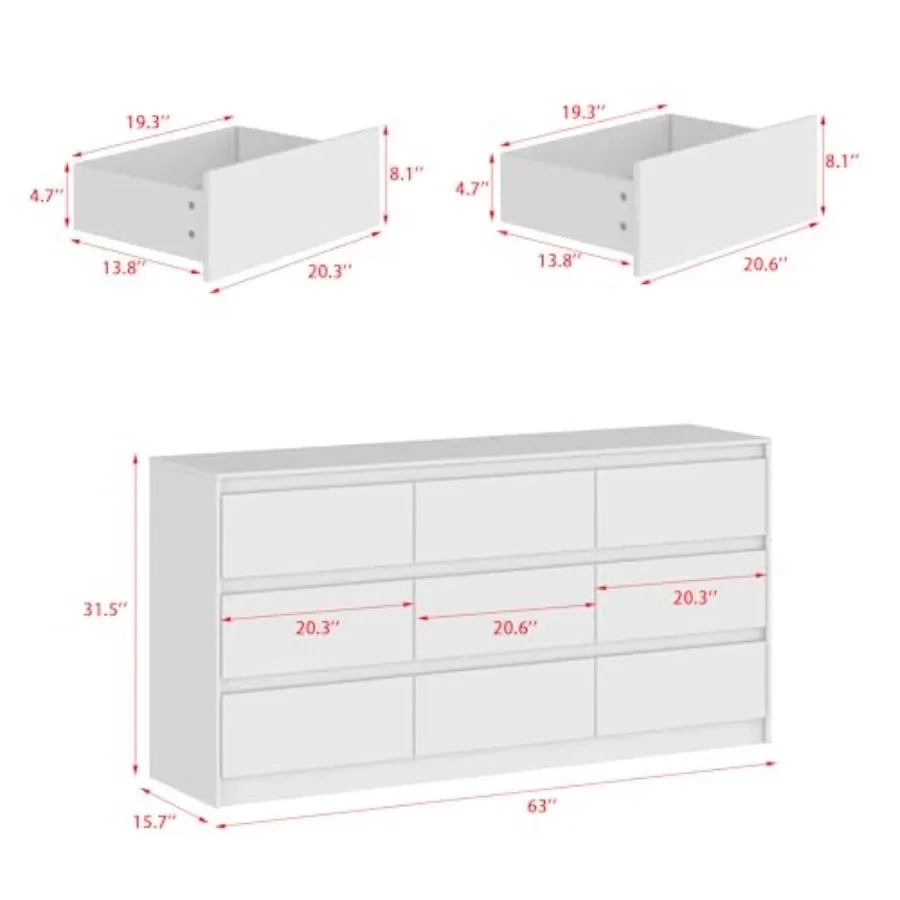 9 Drawer Dresser for Bedroom with Deep Drawers, Large Floor Wood Dressers and Chest of Drawers Handle Free, Modern White Long D