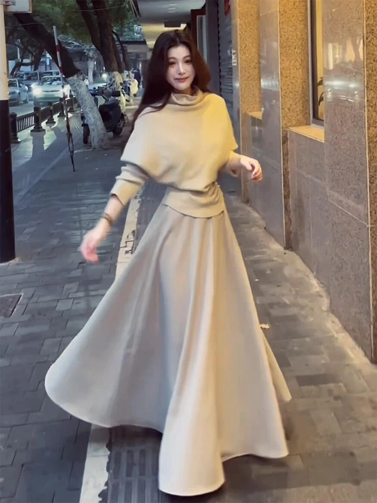 

Women's Knitted High Waist A-Line Sweater And Skirt Set Winter Faion Gentle Wind Bell-Collar Pullover Slimming Ensemble