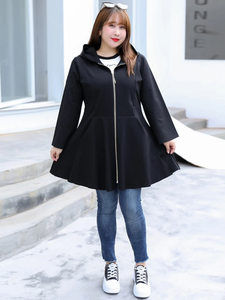 

Autumn and winter plus size hooded coat 7XL 8XL 9XL fashion women's embroidered pocket long sleeve stitching hem coat.