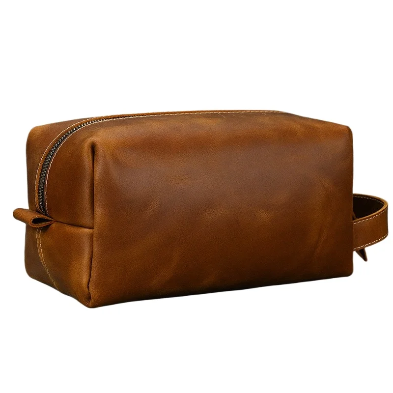 

Men's Vintage Genuine Crazy Horse Leather Clutch Bag Multifunctional Travel Toiletry Shaving Dopp Kit