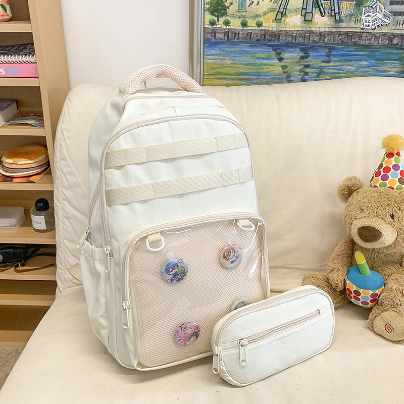 Fashion Large Capacity High School Students Backpack Cute Pin Display Itabags Clear Transparent Ita Bags Girls Nylon School Bag
