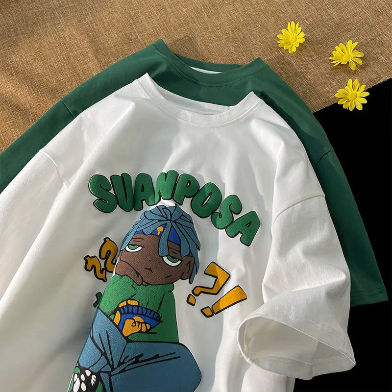 Dark Green Cotton Vintage Y2K Top Hip Hop Cartoon Boy Anime T Shirts Mens Oversized Cute Kawaii Tee Summer Casual Short Sleeve