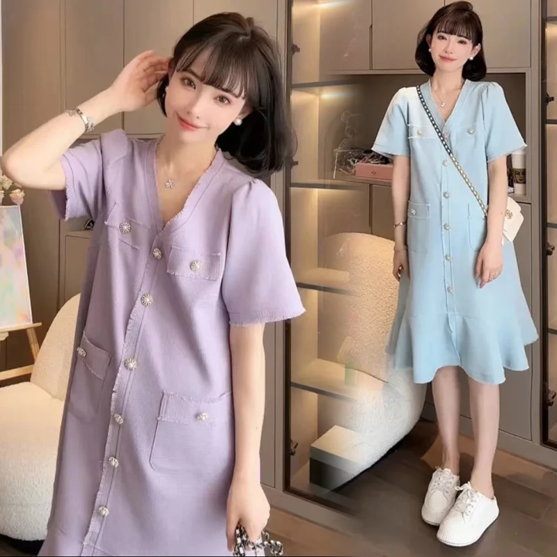 vestido-de-cola-de-pez-para-mujer-elegante-vestido-de-sirena-estilo-coreano-verano-2026-vestido-de-maternidad-de-manga-corta-con-cuello-en-v-moda-para-embarazadas