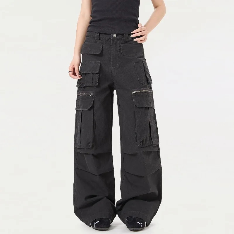 OR FL Wash and Age Multiple Pockets Fold 100 Cotton Women Cargo Trousers American Retro Vintage Women's Slacks Wide Leg Pants