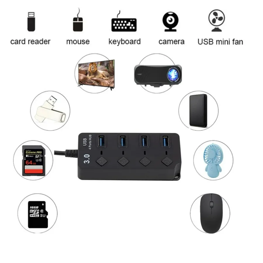 4-IN-1 USB HUB with Power Adapter USB 3.0 HUB Splitter Plug and Play Multiple Expander Docking Stations for PC Desktop Laptop