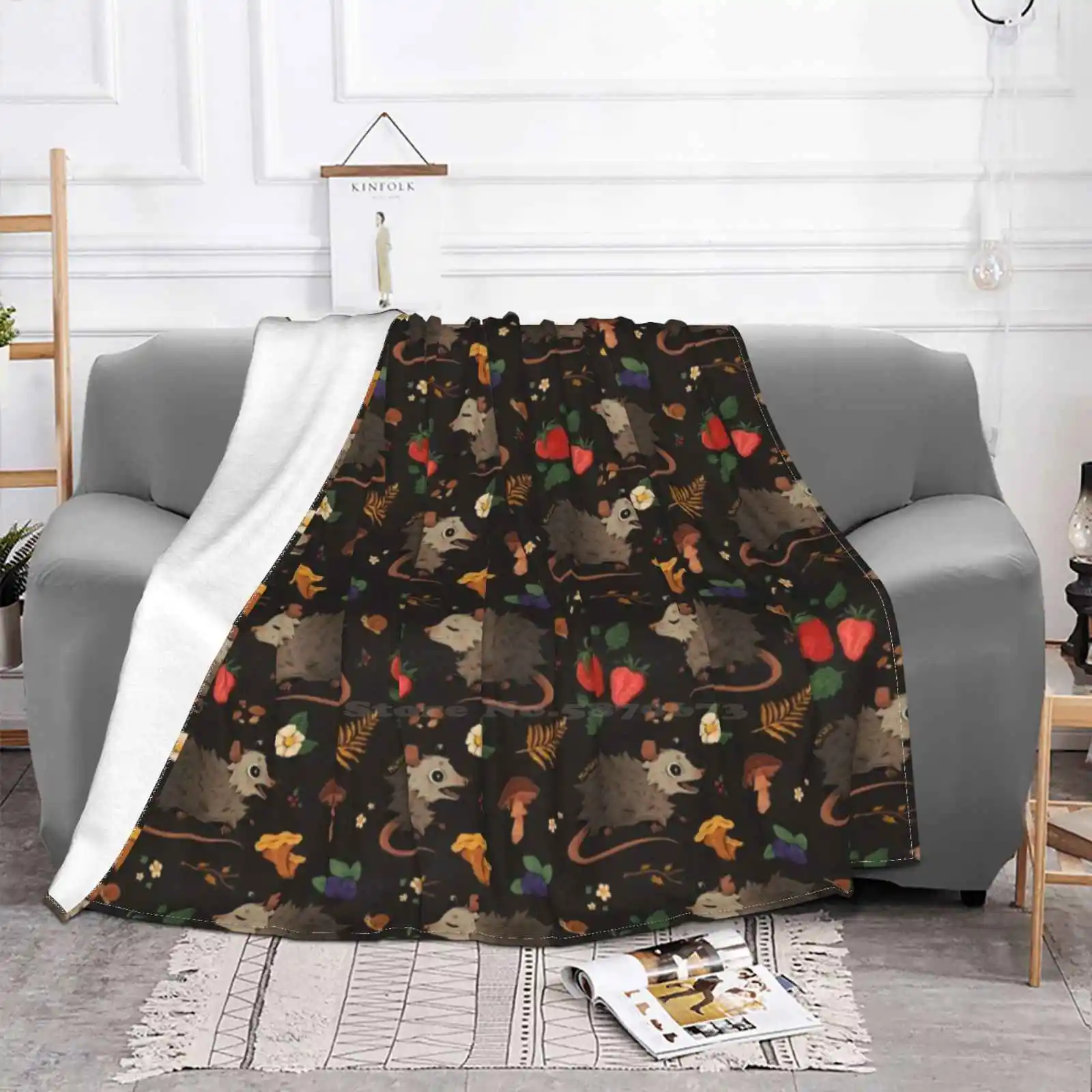 Possums & Treats For Home Sofa Bed Camping Car Plane Travel Portable Blanket Mushrooms Opossums Toadstools Beige Yellow Cute