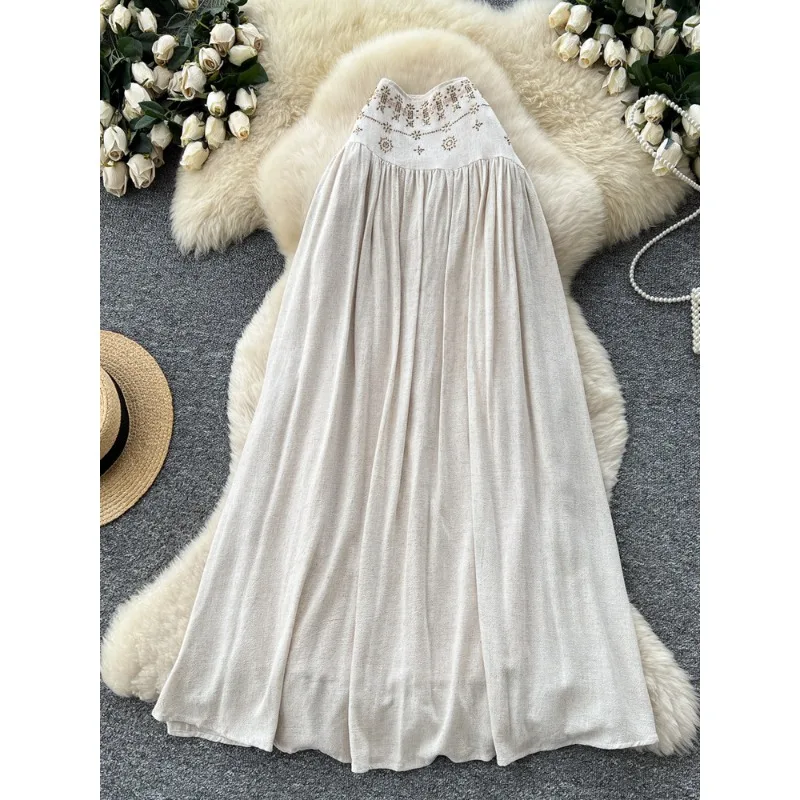 Vacation style heavy industry Boho Flowy Skirt for women Summer High Waist Slim Ladies Fashion Casual Holiday A-line Long Skirt