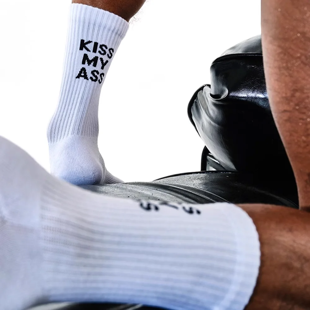 KISSMYASS-calcetines largos de algodón para hombre, medias deportivas de color blanco, para Fitness