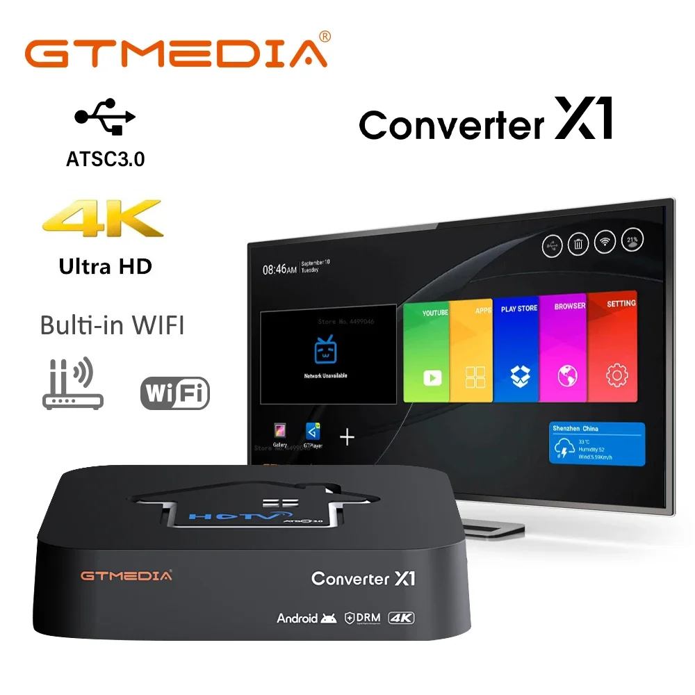

GTMEDIA HDTV Converter X1 Support ATSC3.0 4KHDR TV BOX ATSC 3.0 DRM Smart Decoder Amlogic S905Y4-B 2GB+32GB,Built-in Wifi,BT 5.0