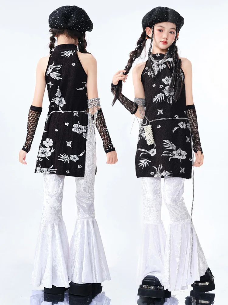 Costume de danse Jazz pour filles, vêtements Hip Hop, haut Cheongsam noir, pantalon évasé blanc, vêtements de spectacle Hip Hop de danse de rue