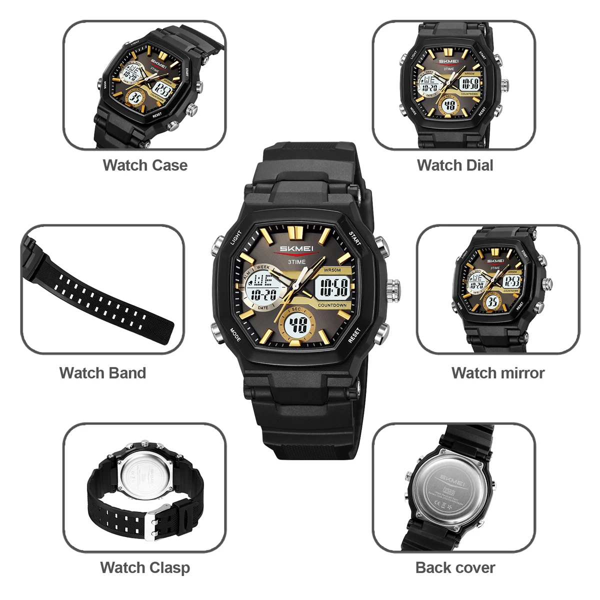 SKMEI Fashion Waterproof Digital Electronics Watch Sports LED Light Quartz Watches For Men Women 3Time Alarm Chrono Wristwatches