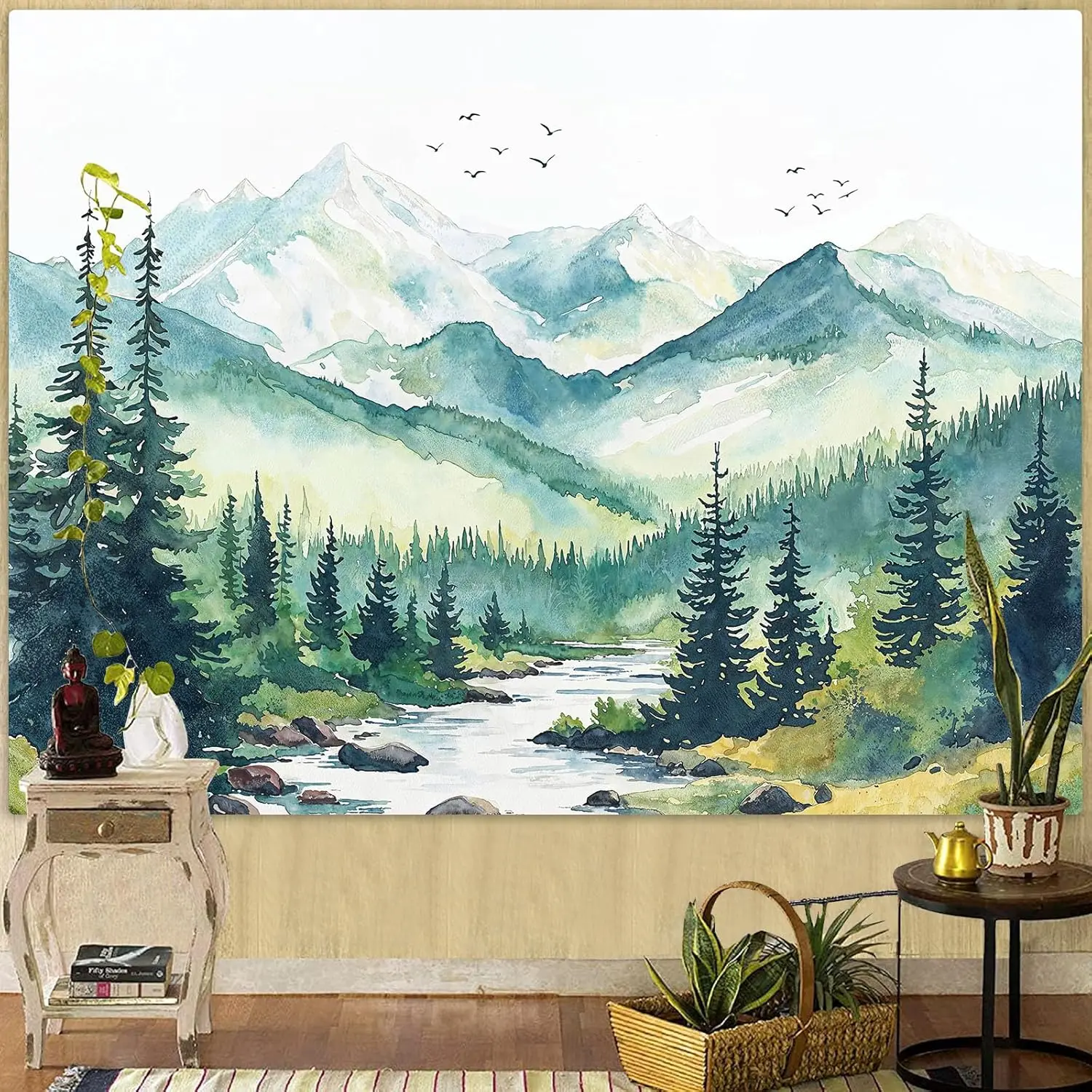 Watercolor Forest Mountain Tapestry Green Nature Pine Tree River Wall Tapestry for Bedroom Aesthetic Misty Woods Birds Small