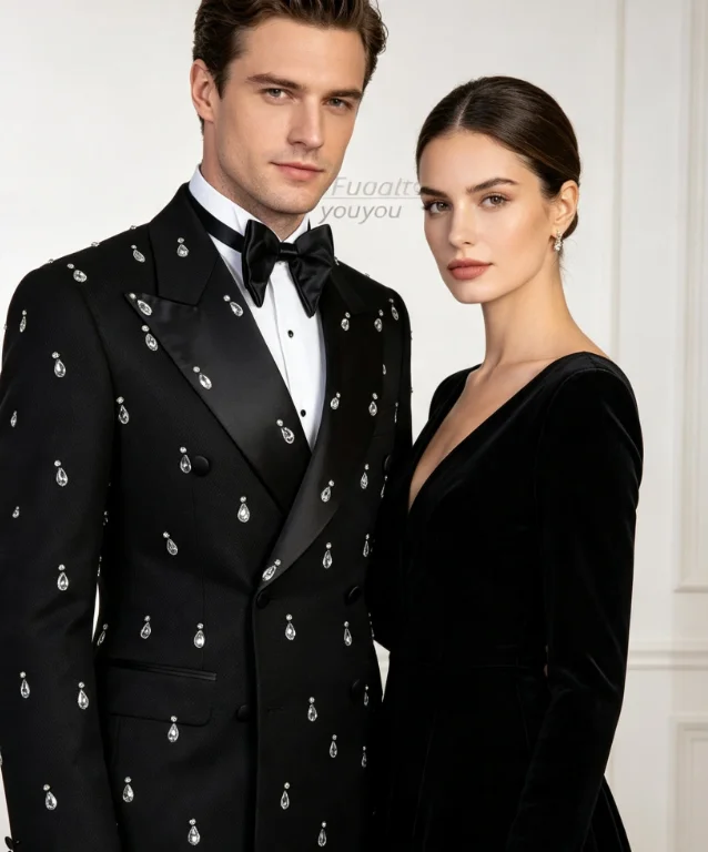 Luxuly Crystal Pendant Men Suits High-end Prom Male Blazers Slim Fit Peak Lapel Groom Wedding Tuxedos 2 Pieces Sets Ropa Hombre