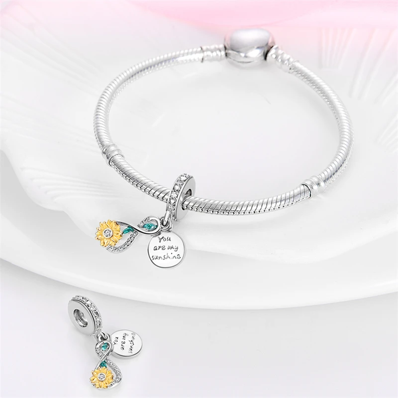 925 Sterling Silver Sunflower Octagonal Two Piece Set Charms Pendant Fit Original Bracelet DIY Women Anniversary Jewelry Gifts
