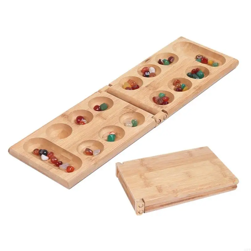 16FE Mancala Board Game with Colorful Stones Pebbles Folding Wooden Board Chess Set