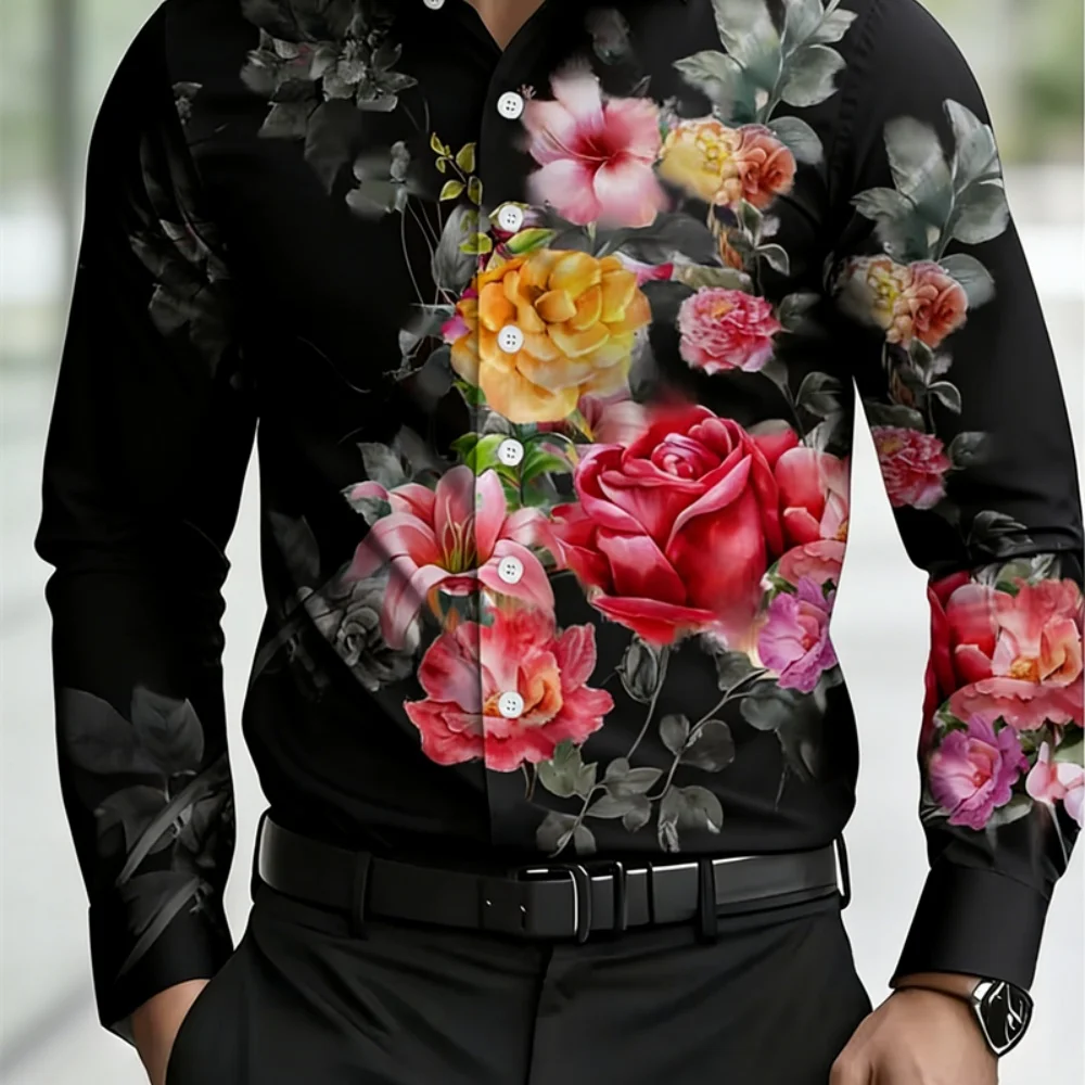 

Men's Long Sleeved Shirt Classic Lapel Streetwear Rose Pattern Print Fashionable Luxury Casual Party Shirt