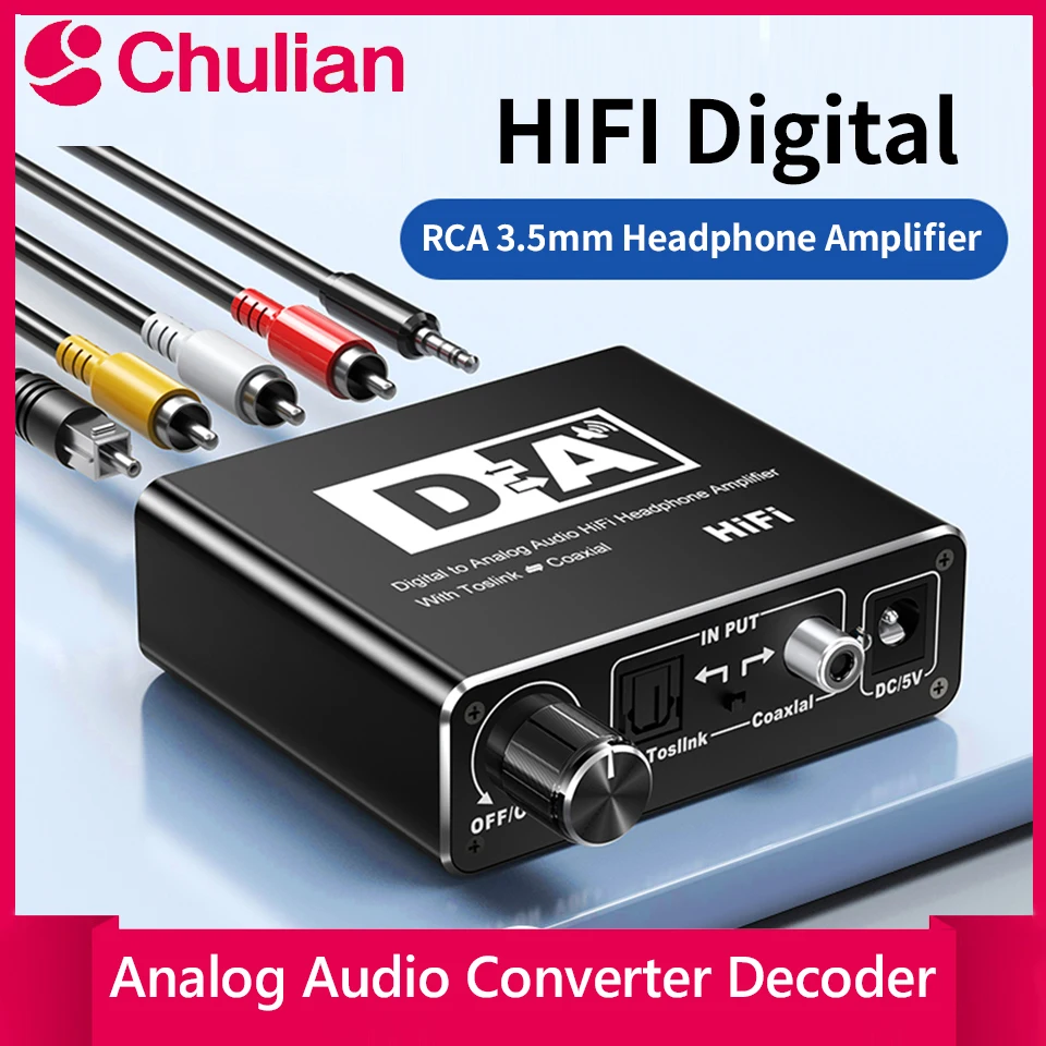 Convertidor de Audio Digital a Analógico HIFI DAC Decodificador 32-192KHz Amplificador 3.5mm AUX 2RCA Salida Óptica Coaxial Toslink