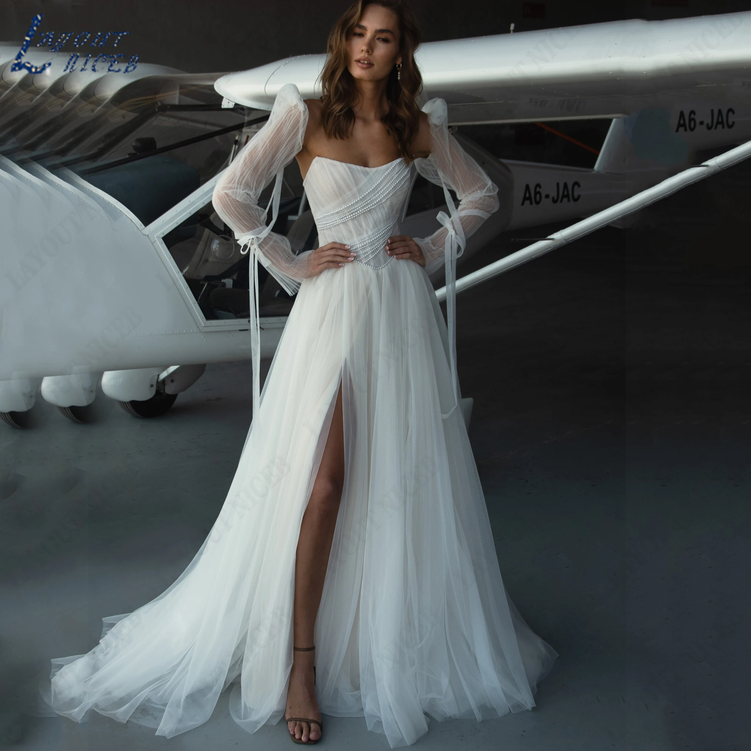 LAYOUT NICEB Customized Detachable Puff Sleeve Bride Dress A‑Line Tulle Bridal Gown With Slit Strapless Wedding Dresses Luxury