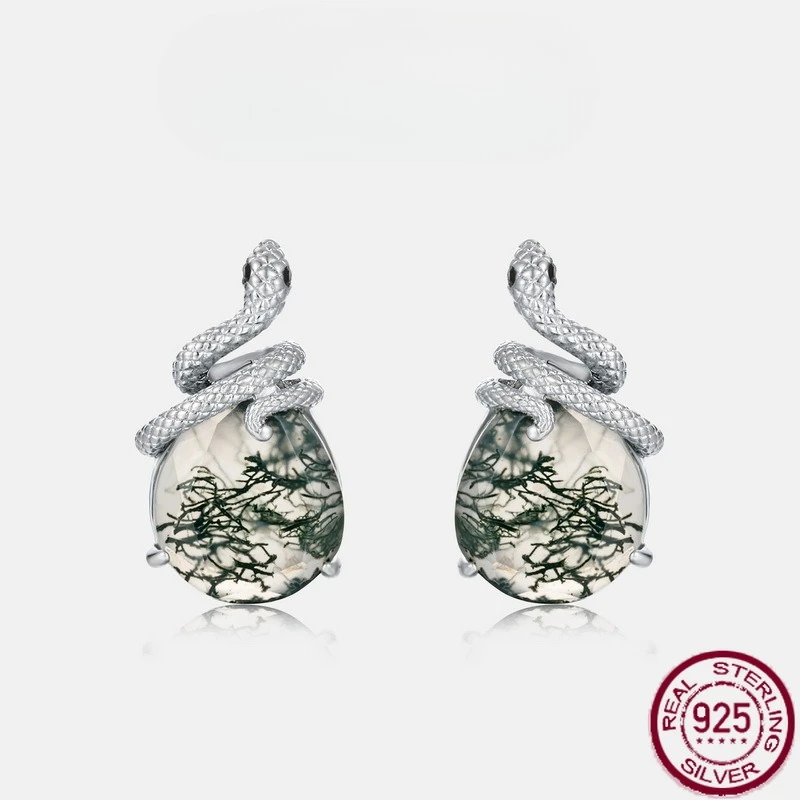 

New S925 sterling silver personalized snake green moss stone inlaid with water grass agate earrings, versatile wedding jewelry