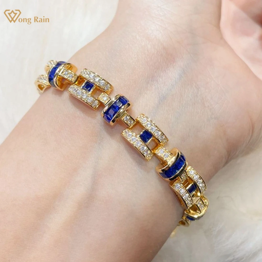 

Wong Rain 18K Gold Plated 925 Sterling Silver Sparkling Sapphire High Carbon Diamond Gemstone Vintage Bracelets Bangle Jewelry