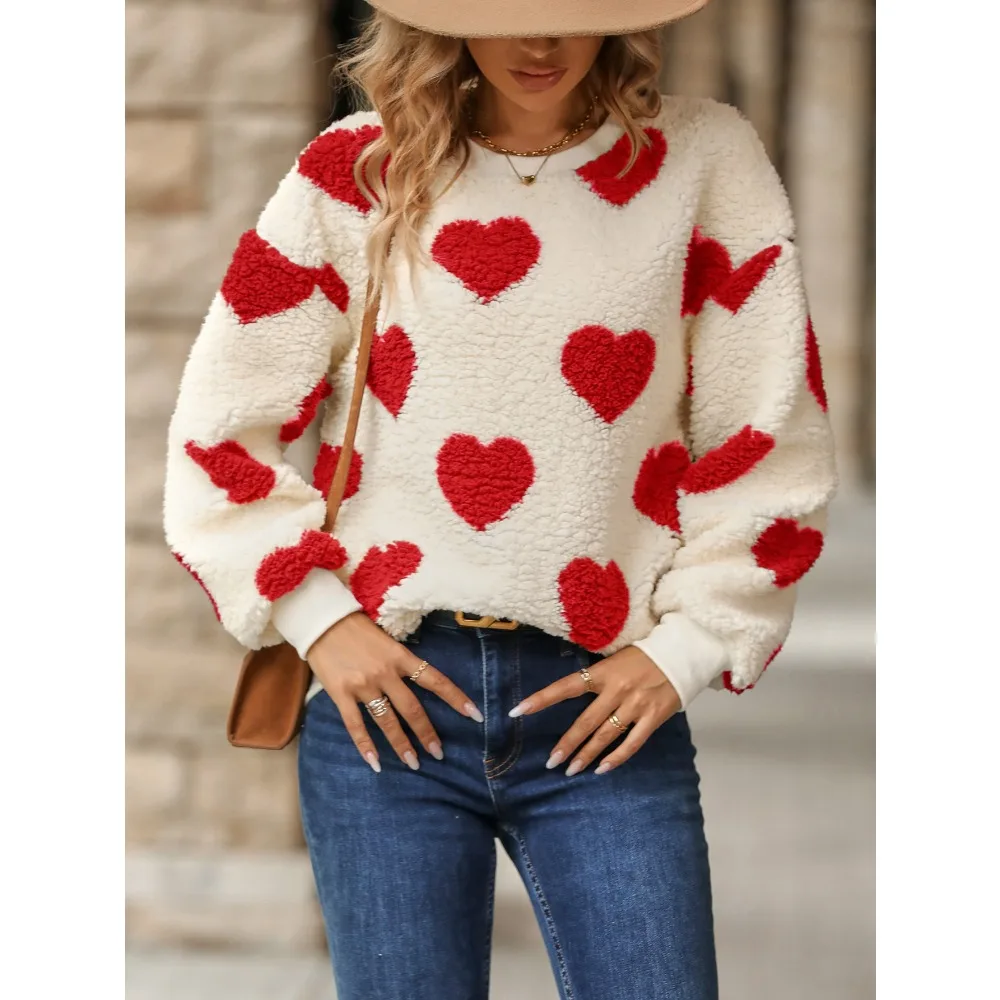 Autumn and Winter New Women\'s Fashion Plush Love Print Loose Long Sleeved Round Neck Pullover Sweater