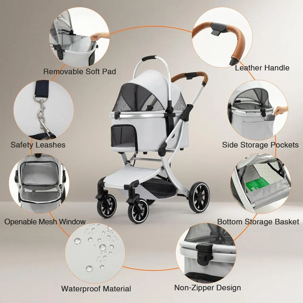 

3-in-1 Foldable Pet Stroller for Dogs & Cats with Detachable Carrier, Storage Basket, 4 Wheels