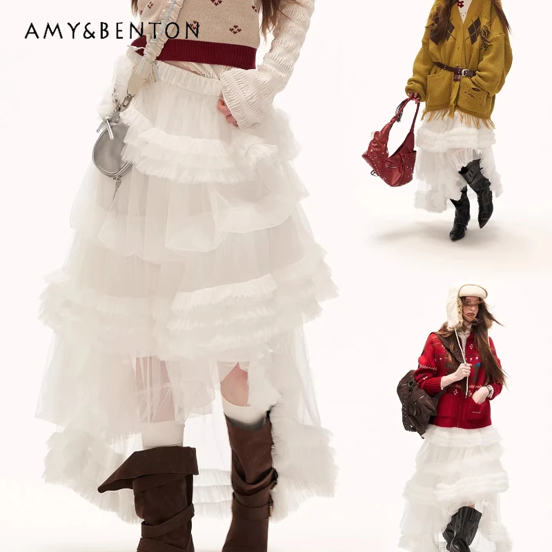 

Французский дизайн, сетчатая пышная женская юбка с облаком, осень-зима 2022, новые белые милые Y2k, элегантные нерегулярные женские юбки средней длины