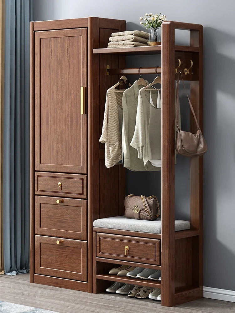 Coat Rack Walnut Home Shoe Cabinet Shoe Changing Stool Integrated Entrance Cabinet Storage Cabinet