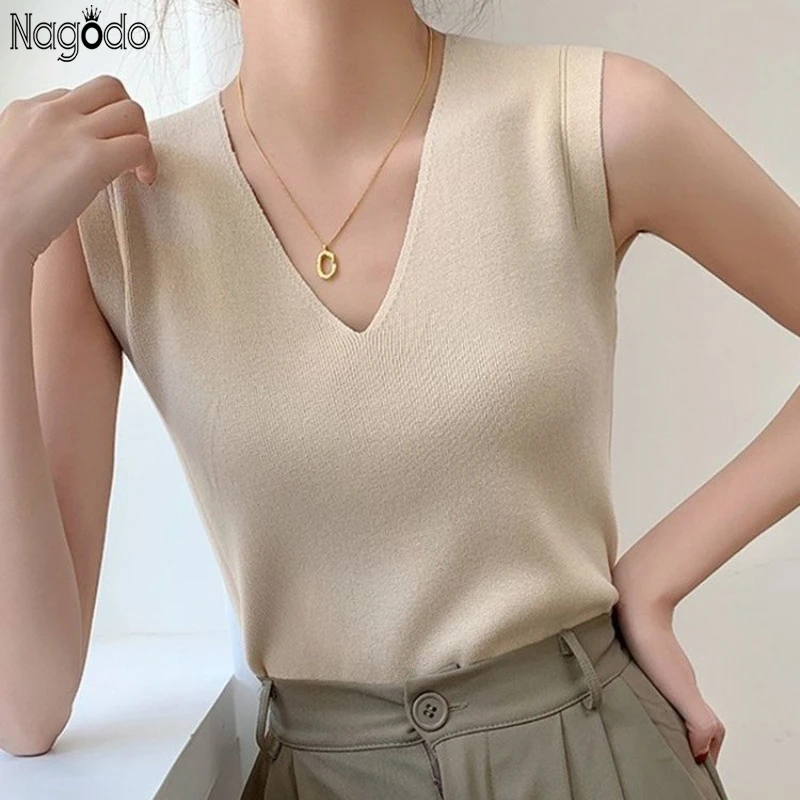 Summer Y2k Knitted Tanks Top 2024 Fashion Sexy V-neck Sleeveless Crop Top Mujer Camis Vest Slim Undershirt Inside Tees Tops