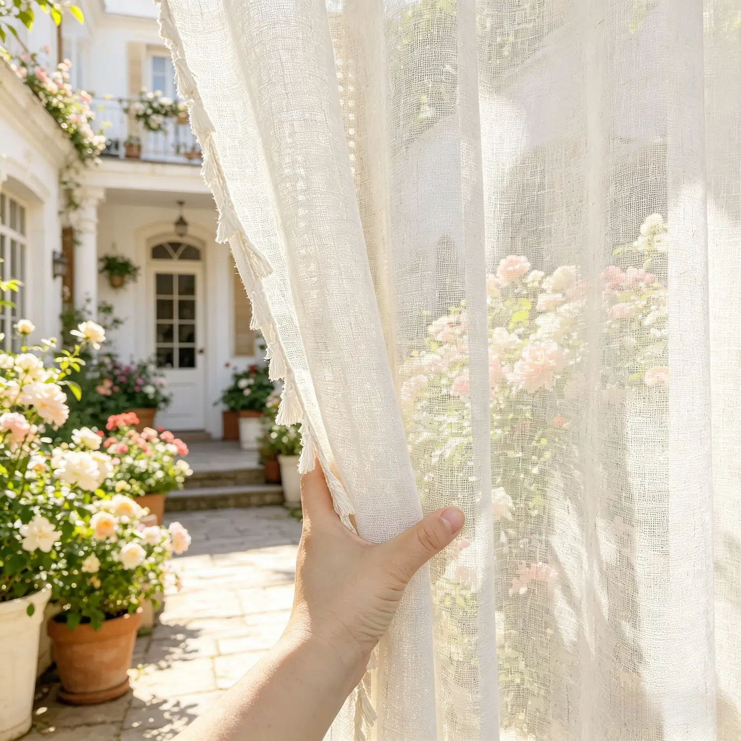 Boho Natural Wood Color with Tassel Hanging Pendant Sheer Voile Curtains for Outdoor Porch,Pergola,Patio,Bedroom Balcony Decor